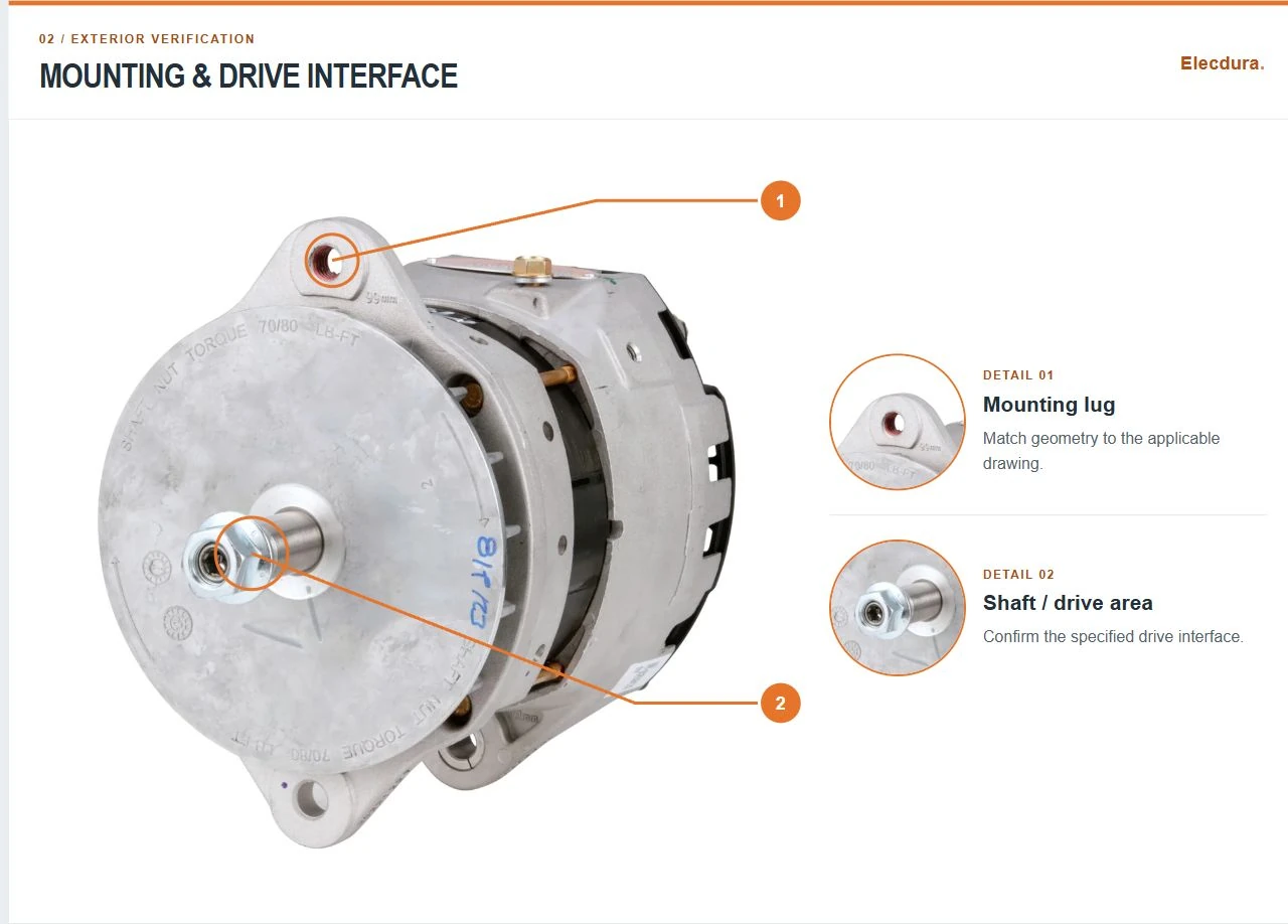 Front exterior of a heavy-duty alternator showing mounting and drive-interface areas for fitment review