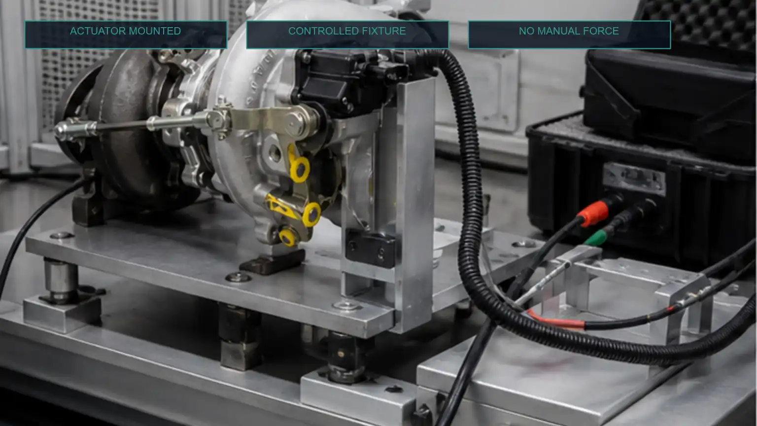 Mounted electronic turbo actuator undergoing a protected non-destructive calibration-state verification on a fixture.