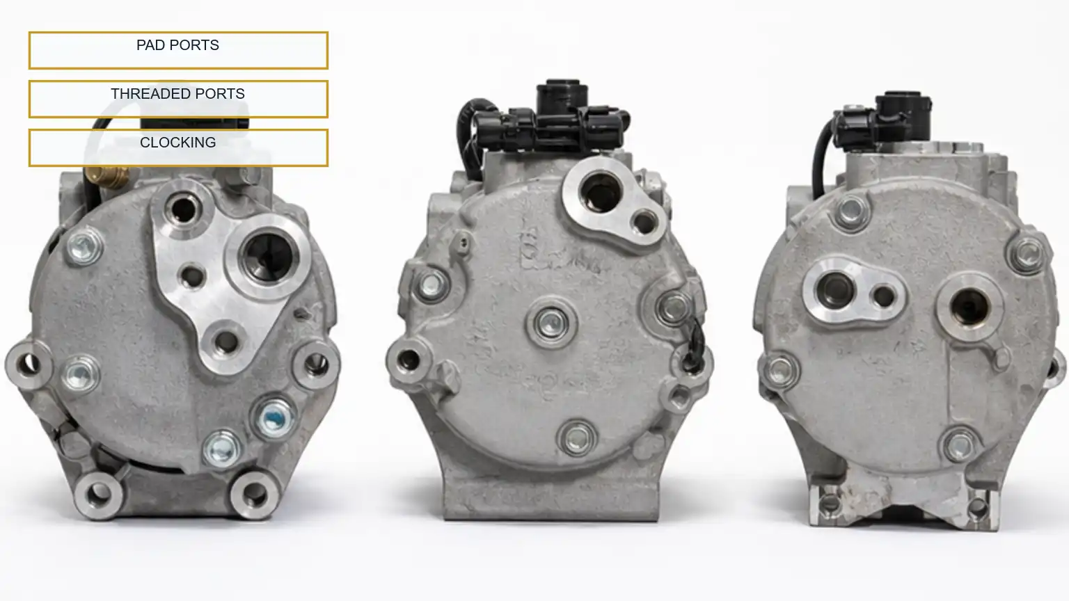 Three heavy-duty A/C compressor rear-head configurations compared by hose-port type and clocking.