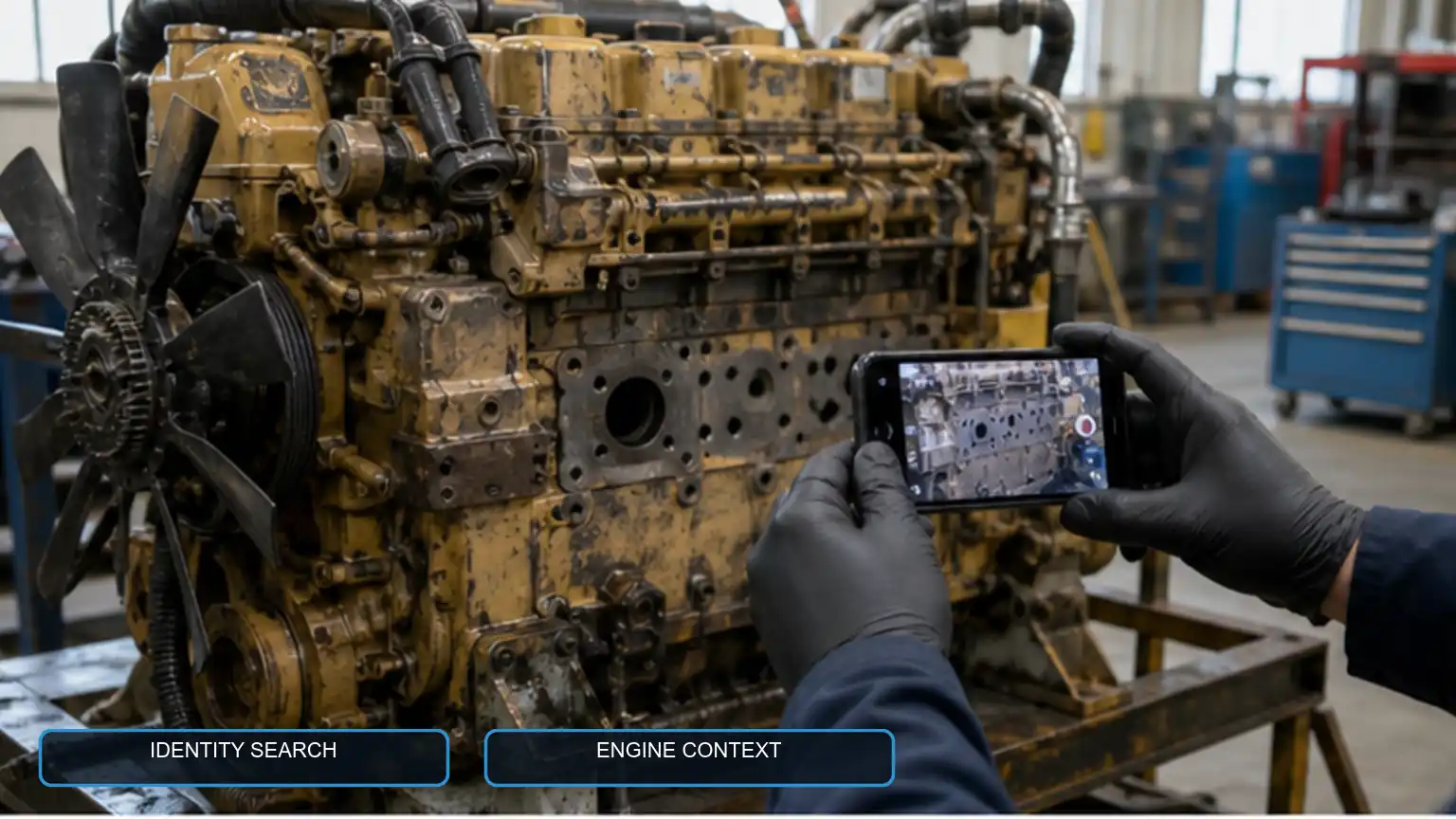 Tecnico che documenta un motore diesel pesante quando la targhetta dati originale non pu&ograve; fornire un riferimento leggibile del motorino di avviamento.