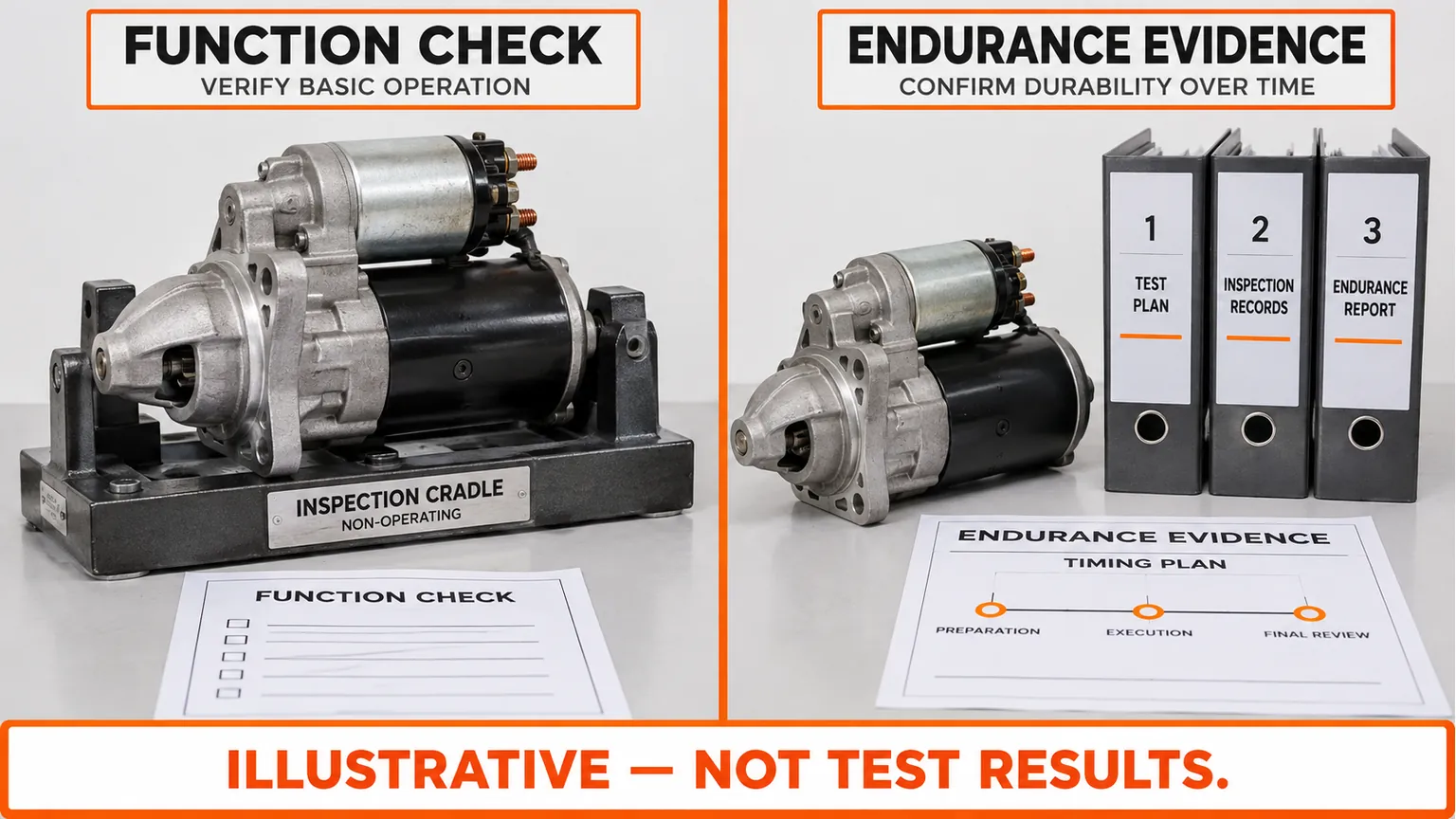 Illustrative distinction between a starter functional-check record and documentation for a repeated-operation qualification program.