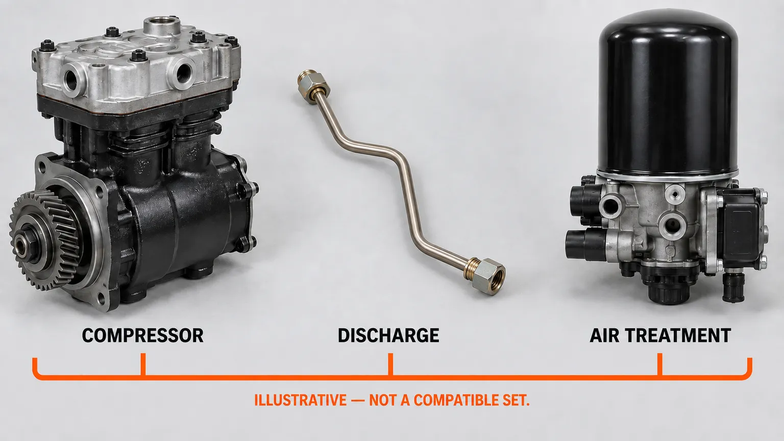 Illustrative compressor, discharge component and air-treatment assembly shown as separate parts of a system review.