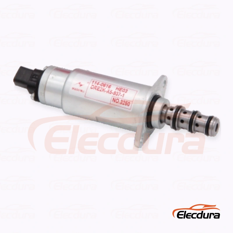 Catalogue photograph of a flanged hydraulic cartridge valve with external seals and connector
