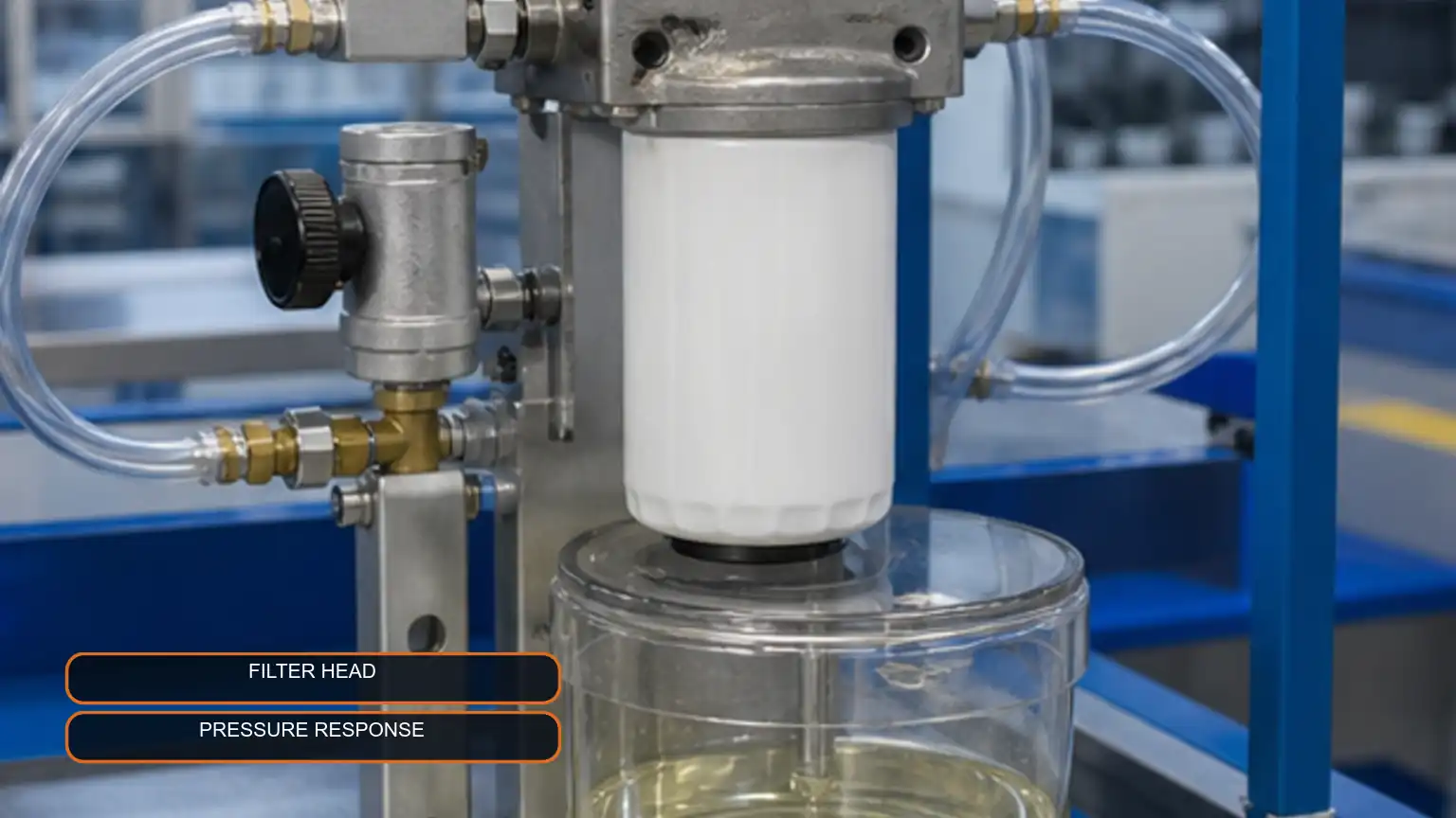 Spin-on filter mounted on a clean low-pressure test fixture with gauges, transparent tubing, and collection vessel.