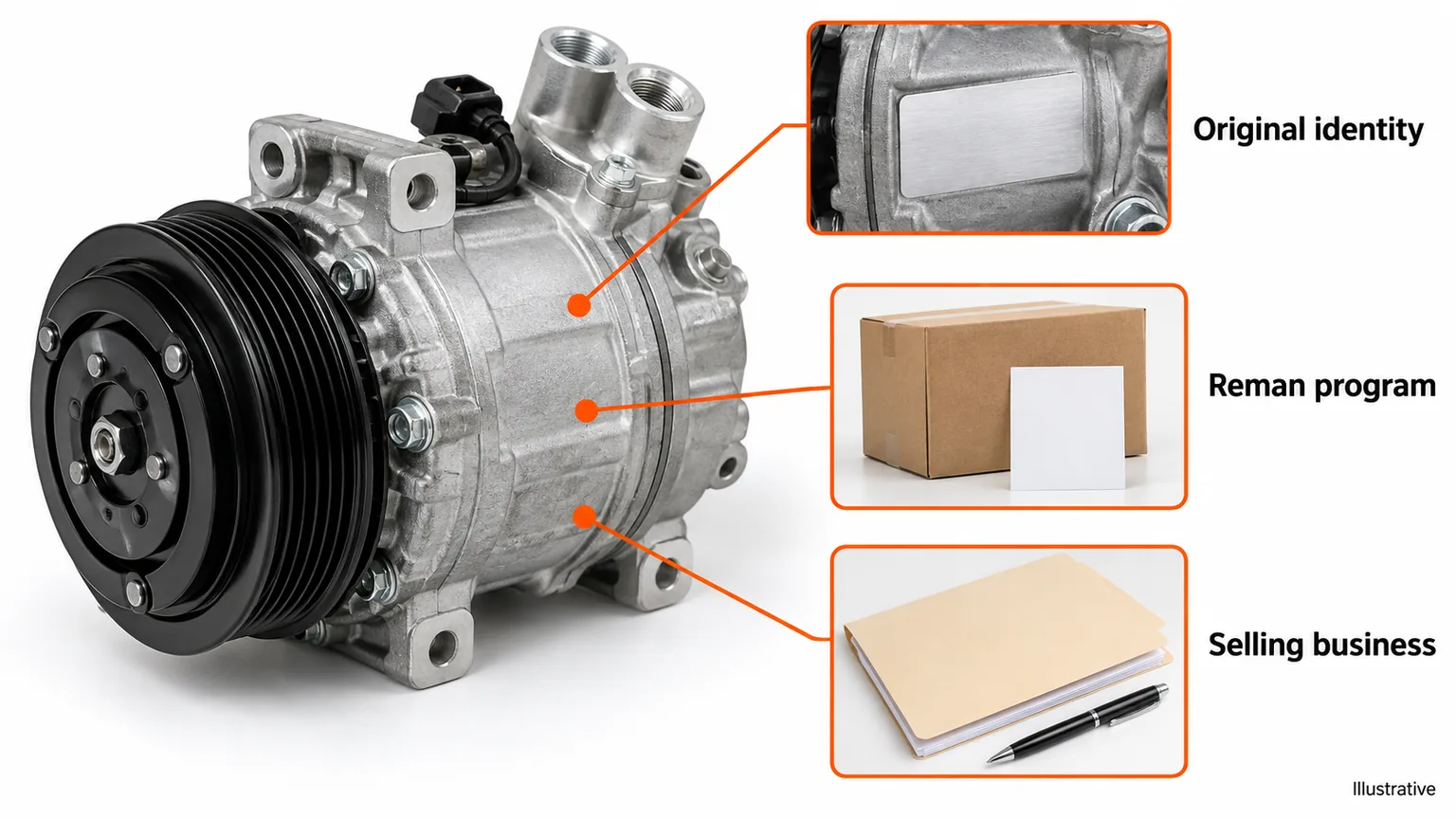 Illustrative compressor, separate program card and invoice distinguish original component identity from reman program and selling business.