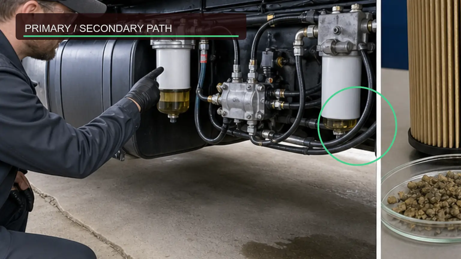Diesel fuel filter system layout with the principal test points identified on a heavy-duty diesel application