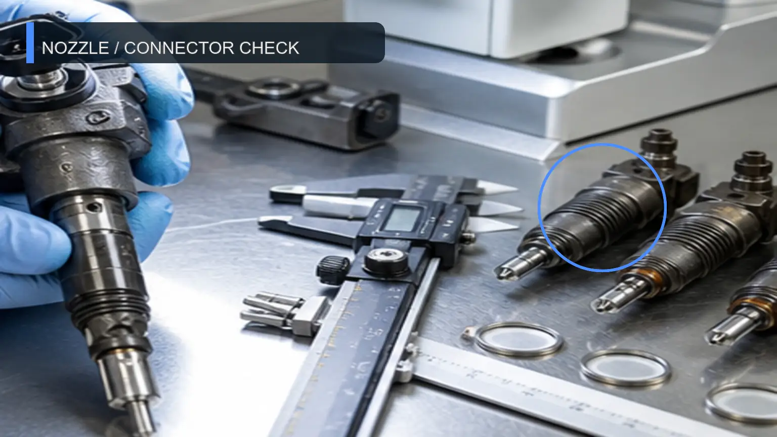 Heavy-duty fuel injector undergoing a controlled heavy-duty functional test before supplier approval in Colombia