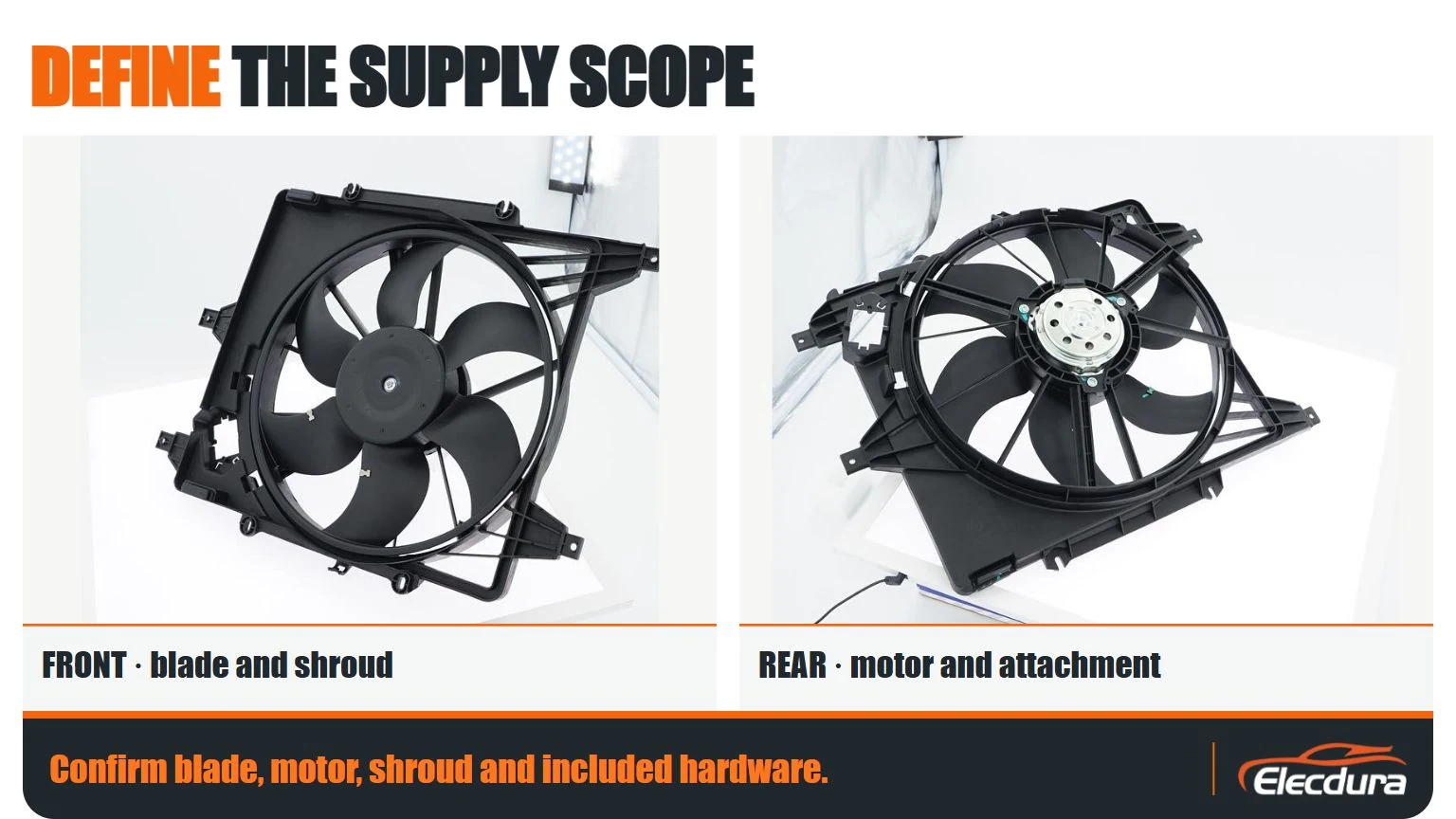 Front and rear photographs of an electric cooling fan assembly showing the blade, motor and surrounding shroud.
