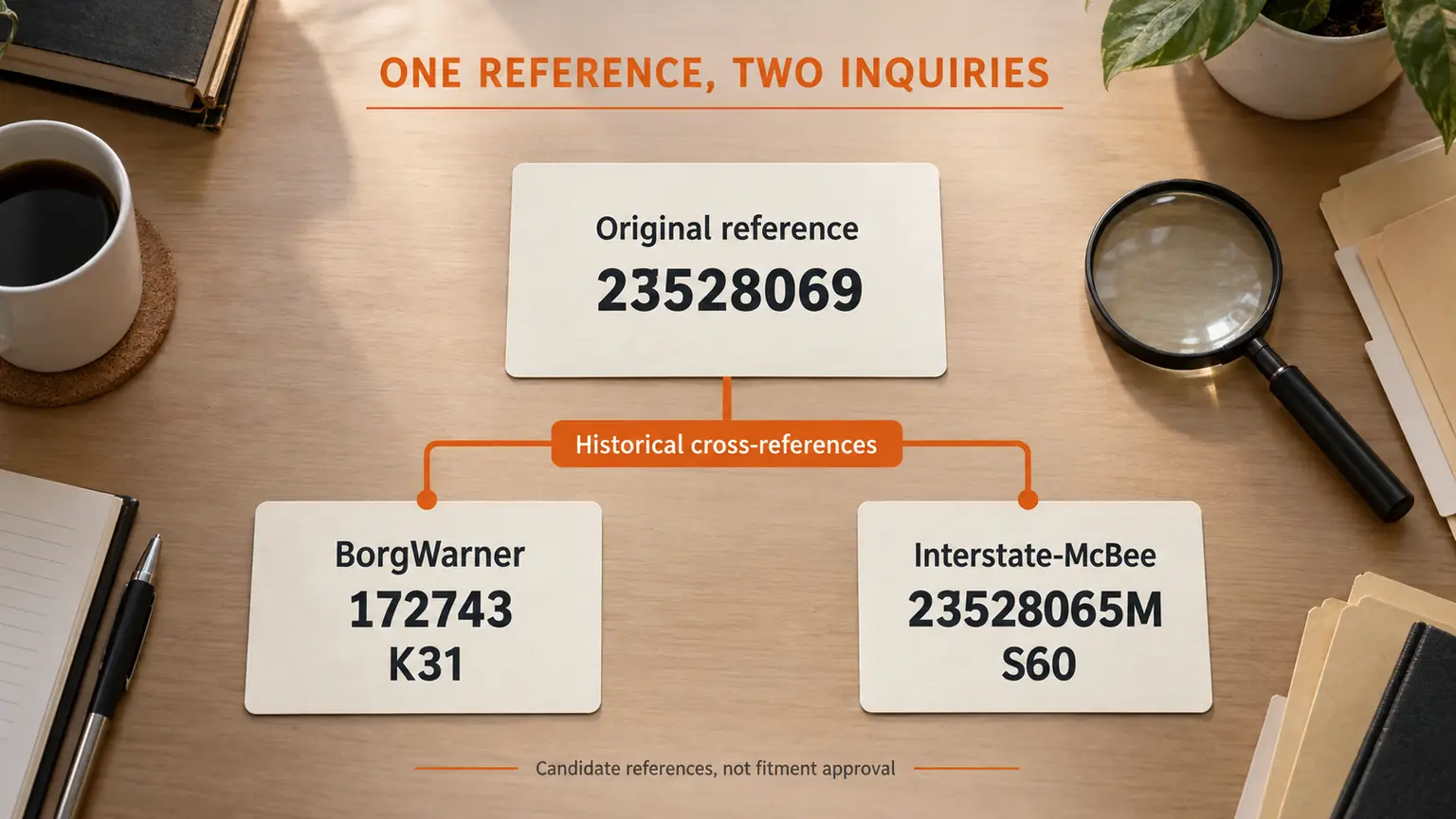 Historical cross-reference branches from 23528069 to BorgWarner 172743 K31 and Interstate-McBee 23528065M S60.