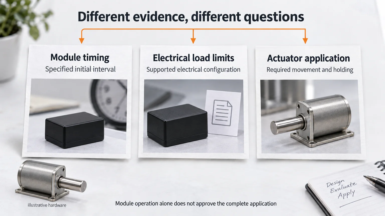 Separate module timing, electrical load and actuator performance evidence before approving a combination.