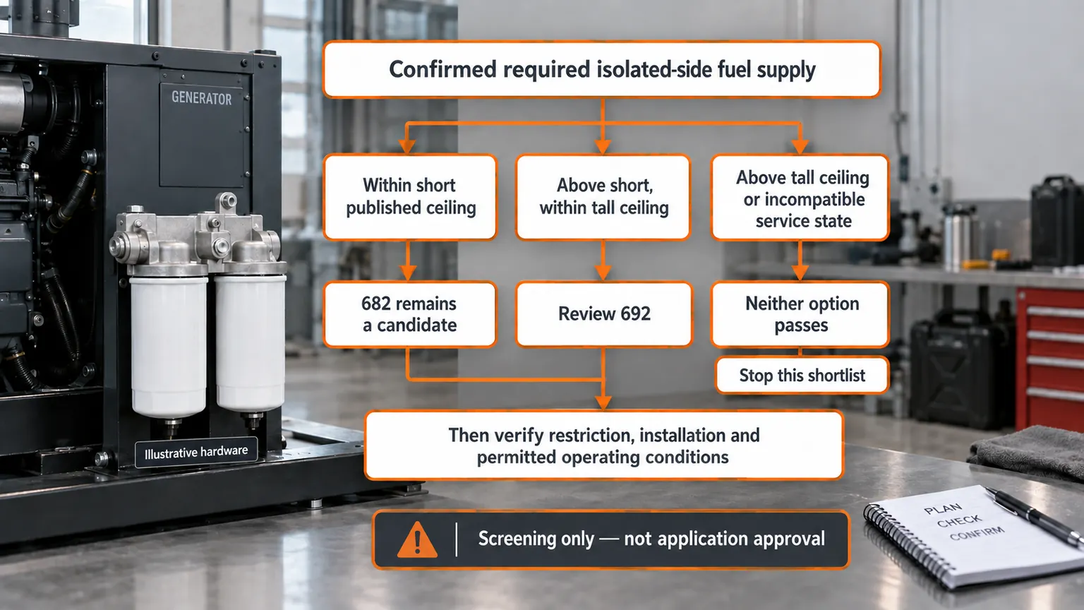 Duplex fuel-filter screening chart with short, tall and neither-qualified outcomes; retained candidates require application checks.