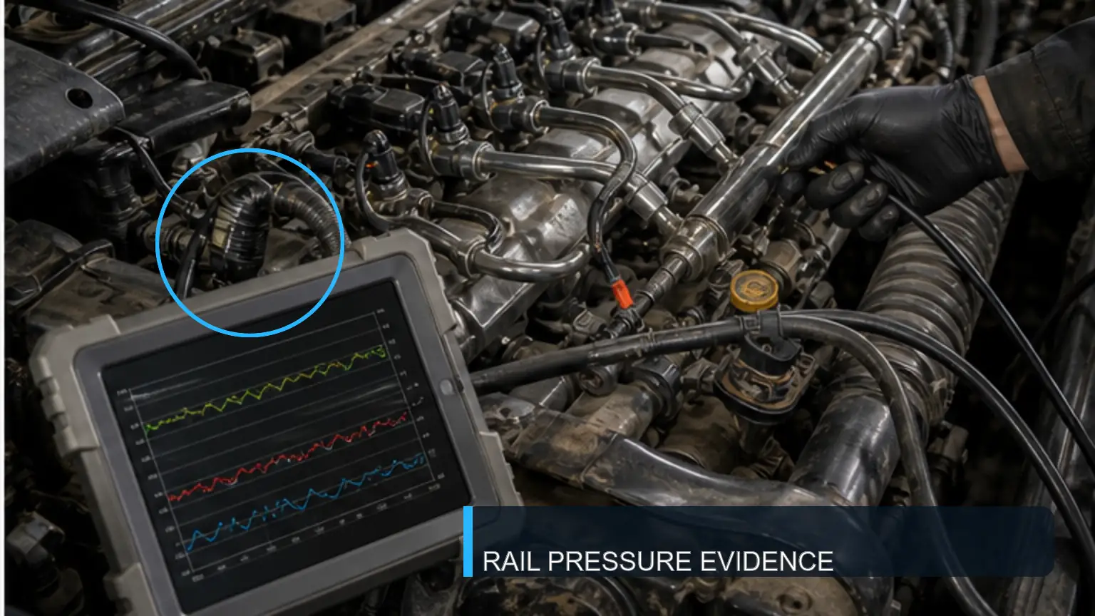 Heavy-duty diesel engine rail-pressure diagnosis before injector replacement