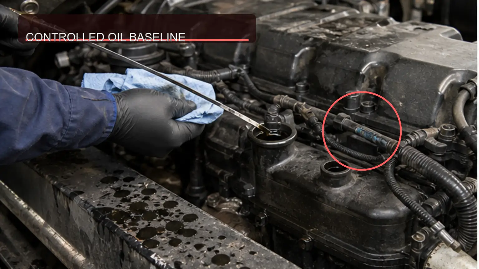 Heavy-duty diesel engine oil level and external leakage checked before diagnosis