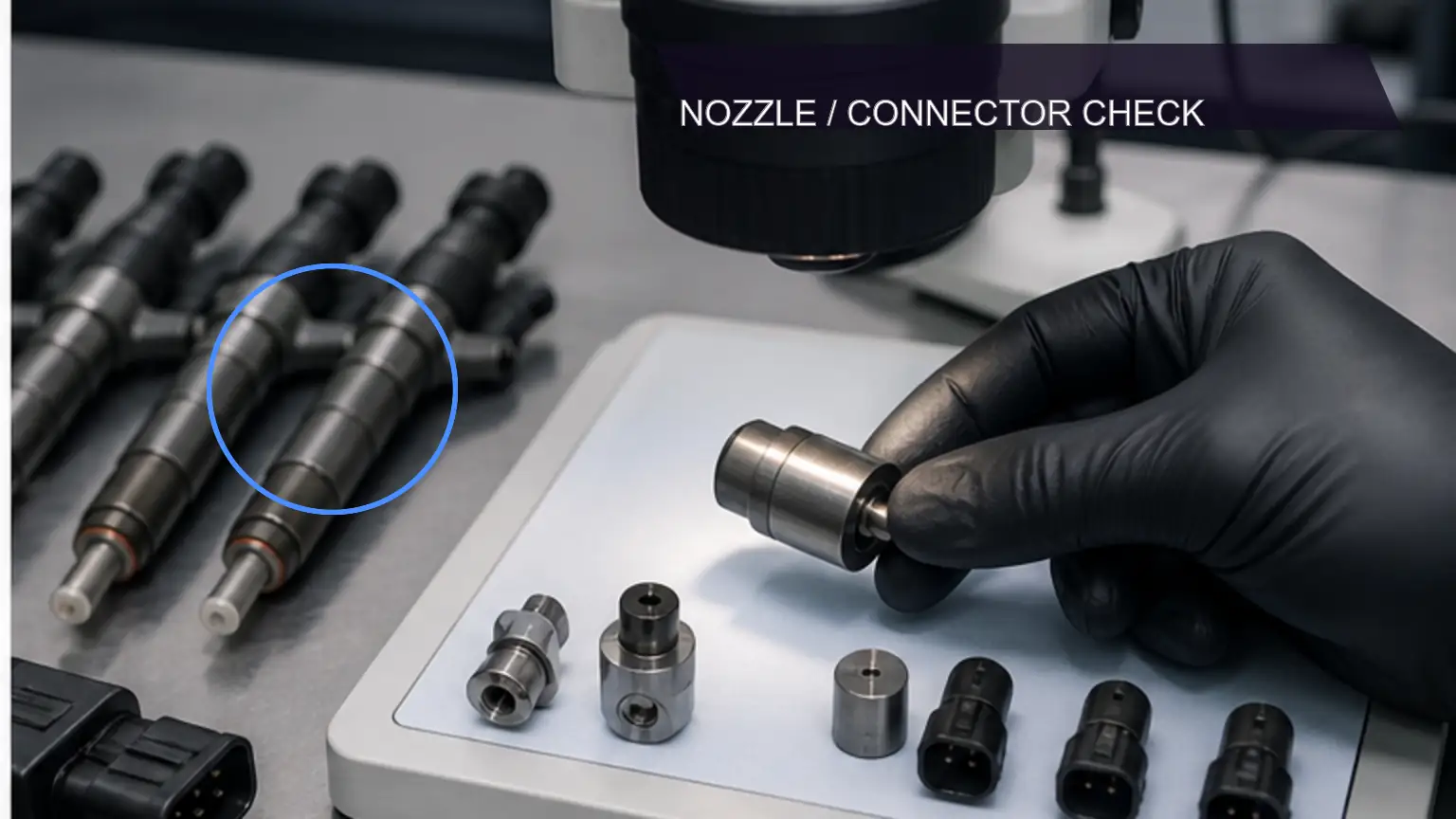 Injector nozzle, connector, and precision surfaces checked under laboratory magnification