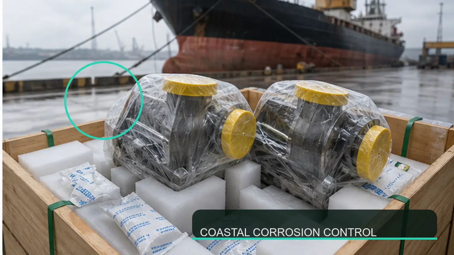 Capped heavy-duty turbochargers protected from moisture and shock in a coastal export crate