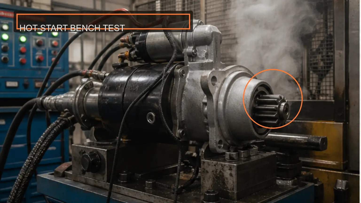 High-torque heavy-duty starter motor operating on a repeated hot-start test bench