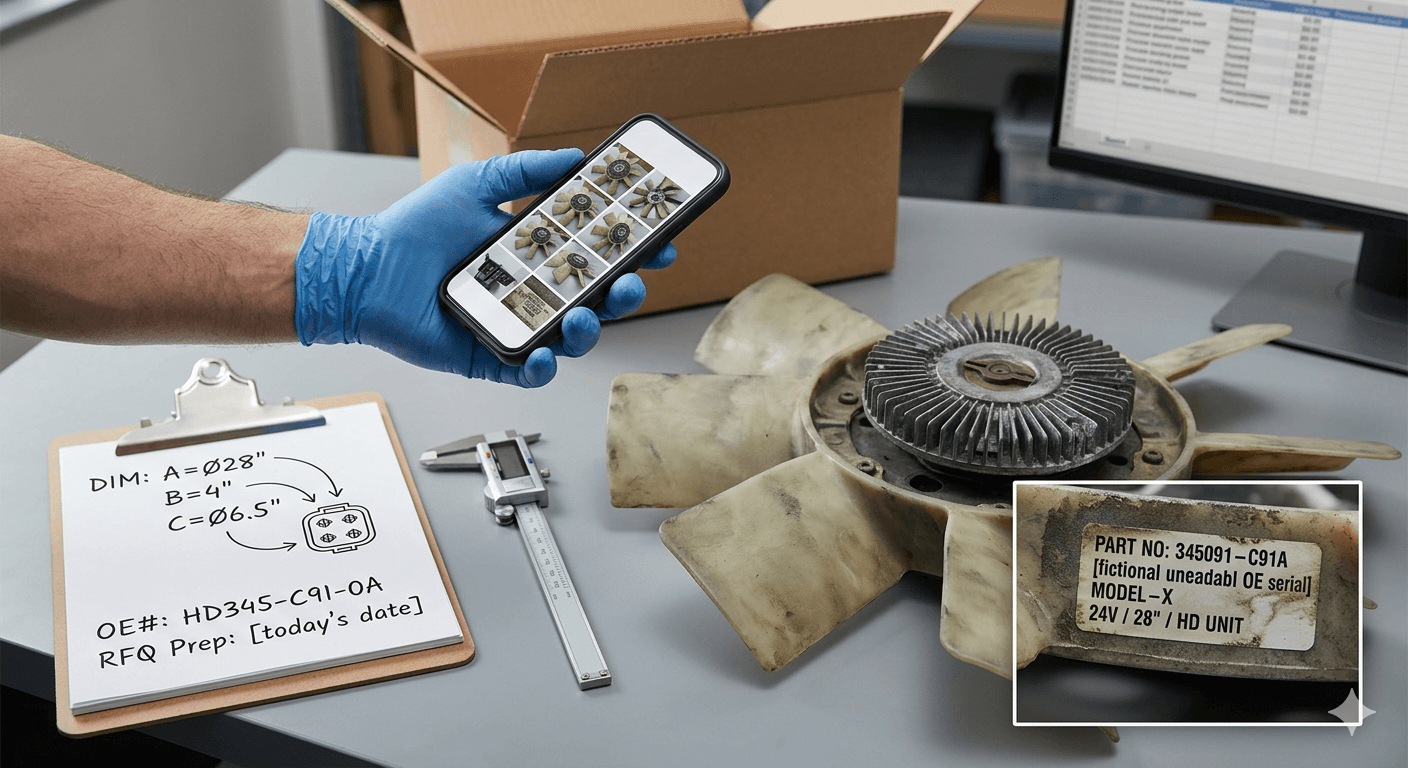 B2B radiator cooling fan RFQ materials including OE label, product photos, dimensions, and packaging notes