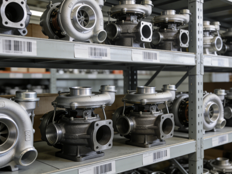 Multiple turbocharger models arranged on warehouse shelves