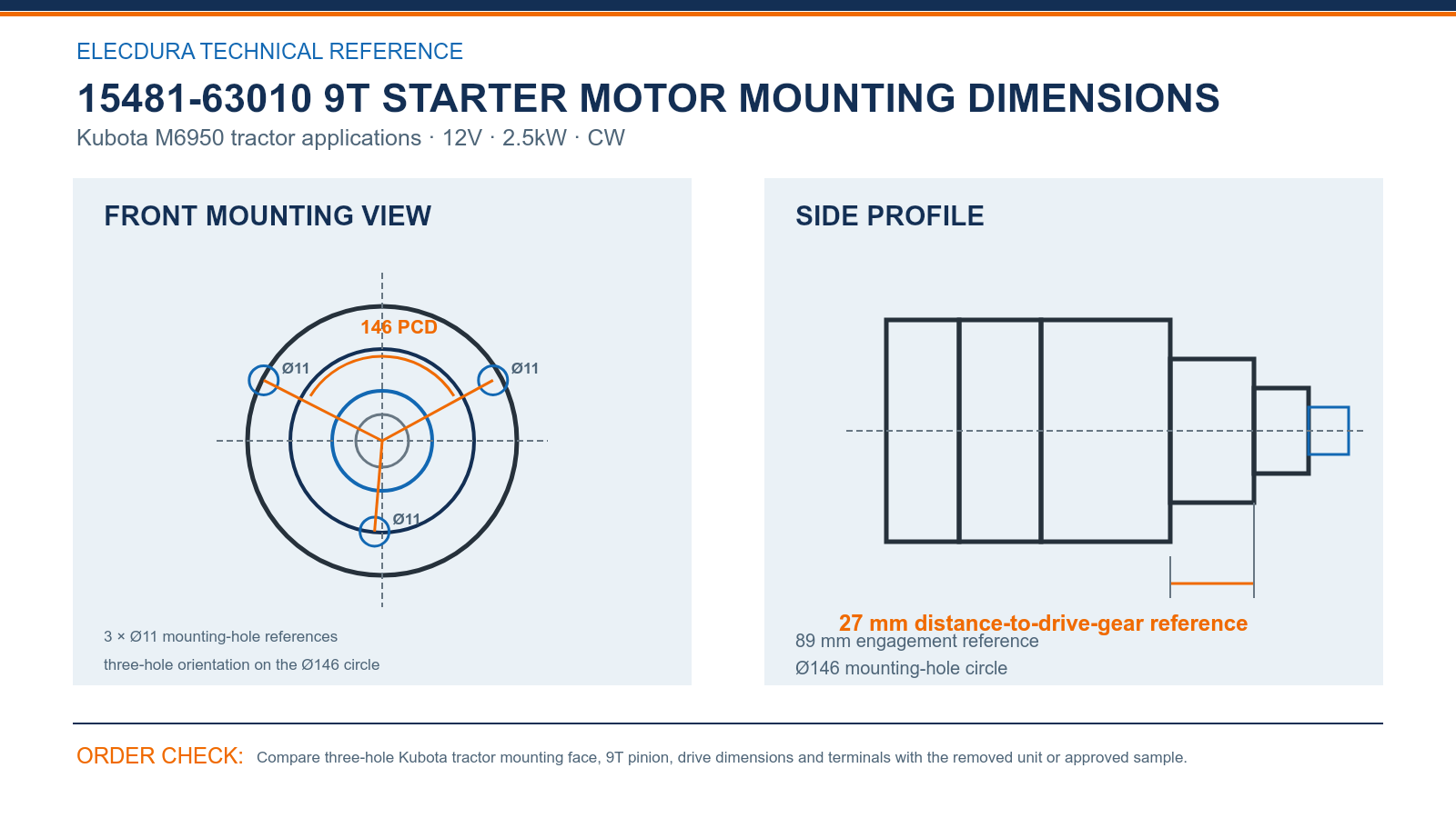 15481-63010 Kubota M6950 9T starter mounting dimensions