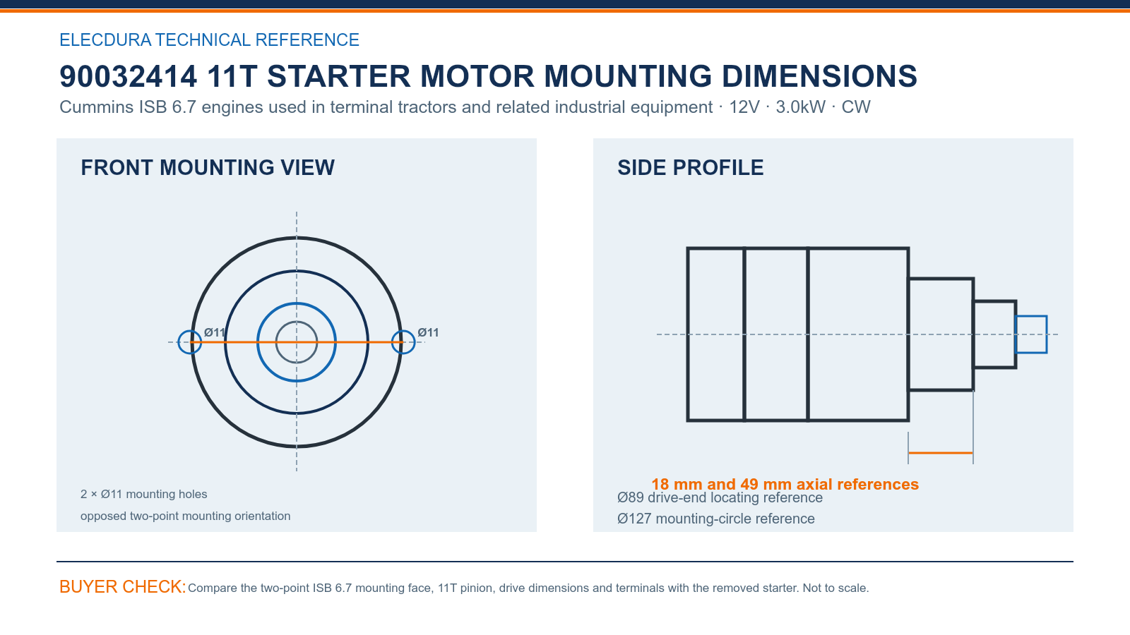 90032414 Cummins 12V 3.0kW 11T starter mounting dimensions