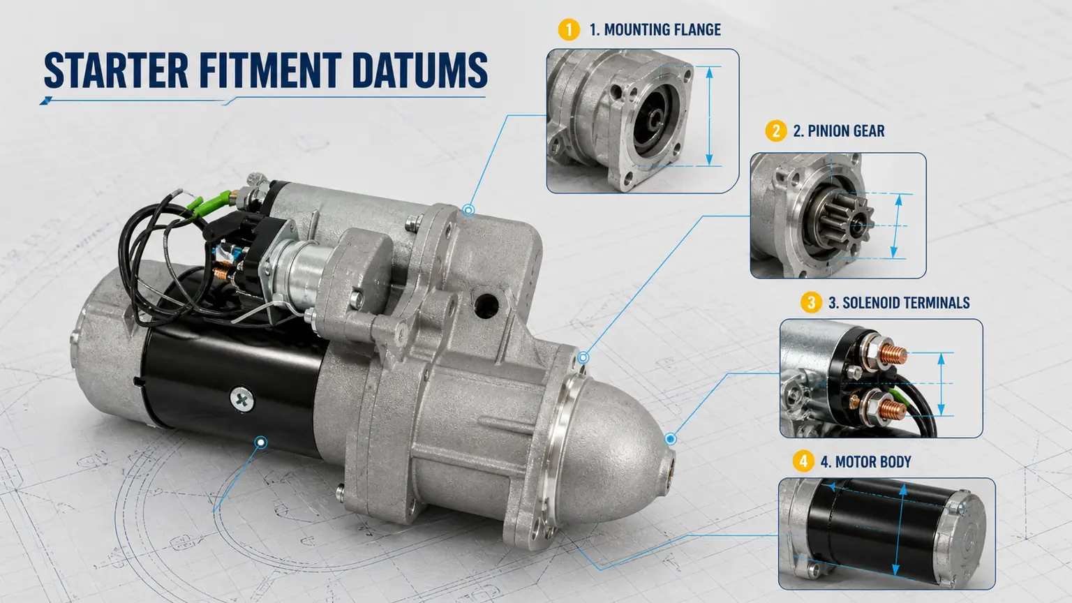 Heavy-duty starter fitment datums with mounting flange, pinion gear, terminals and motor body checks