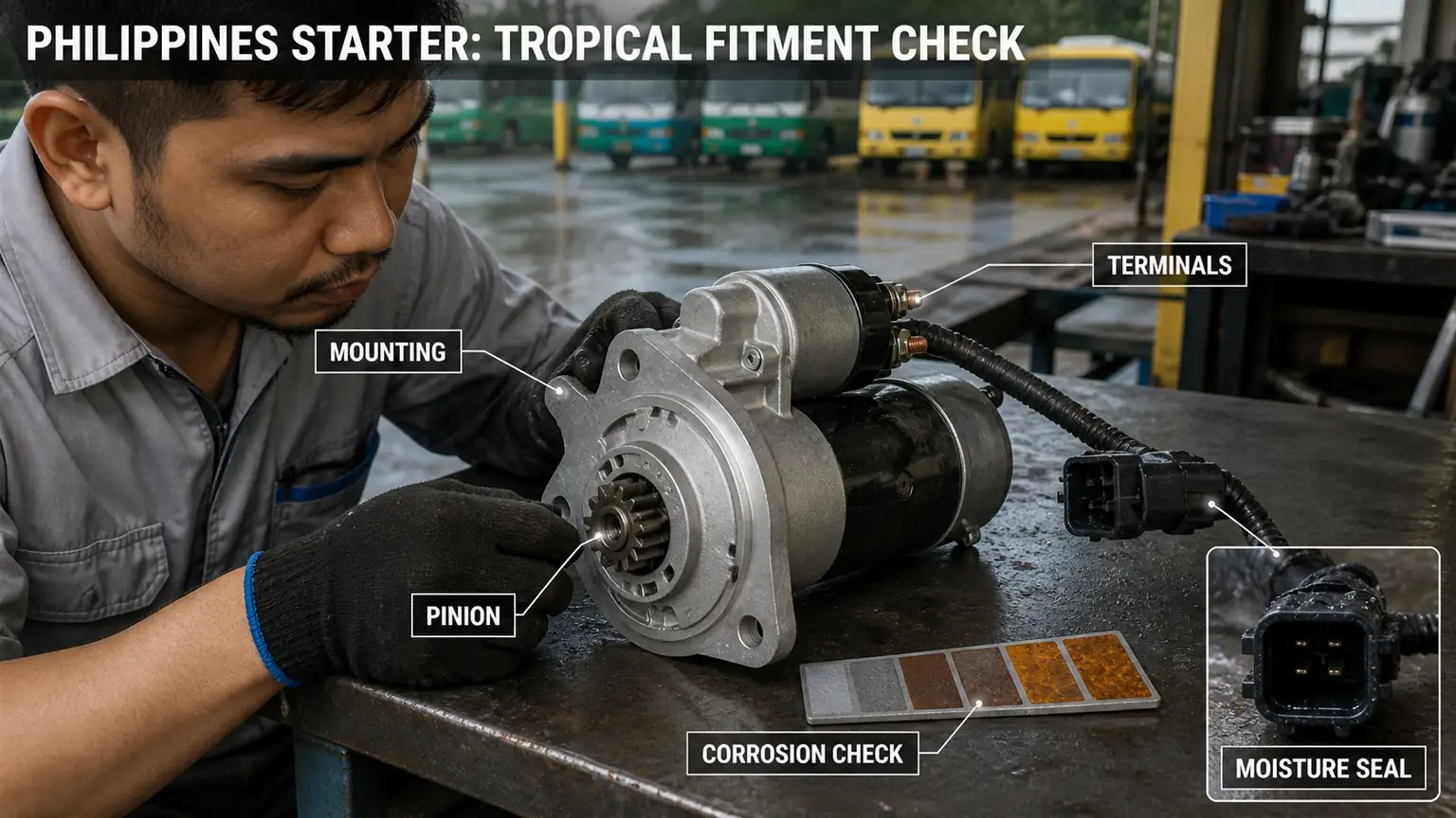 Philippines heavy-duty starter tropical fitment check for mounting, pinion, terminals, corrosion and moisture sealing