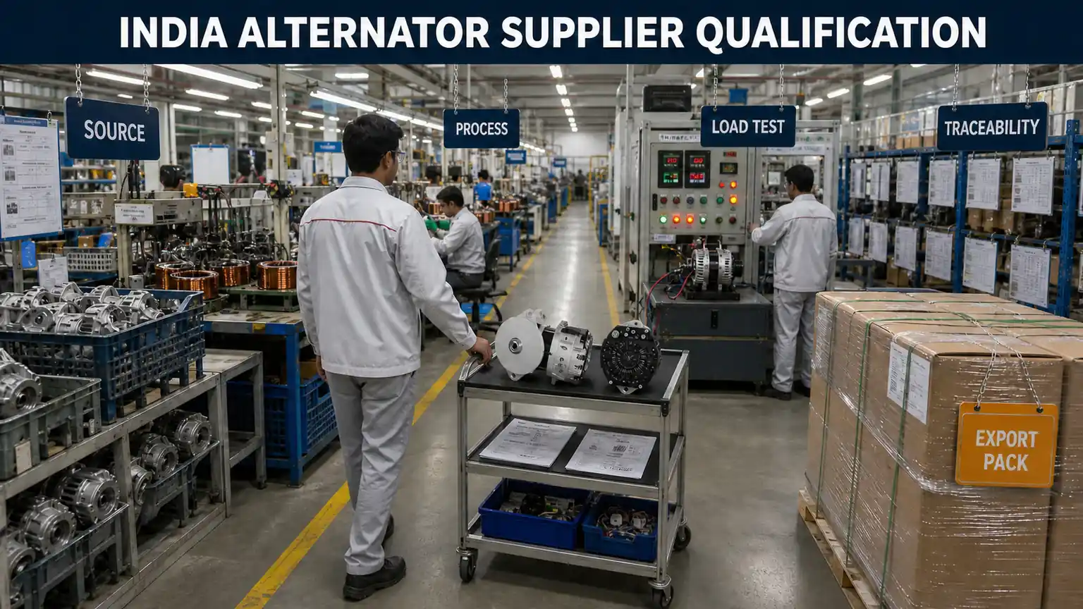 India alternator supplier qualification line covering source, process, load testing, traceability and export packing