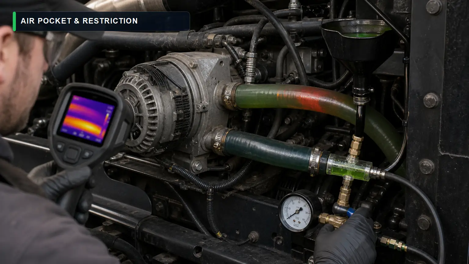 Installed liquid-cooled alternator being checked with thermal camera, pressure gauge and transparent coolant test adapter