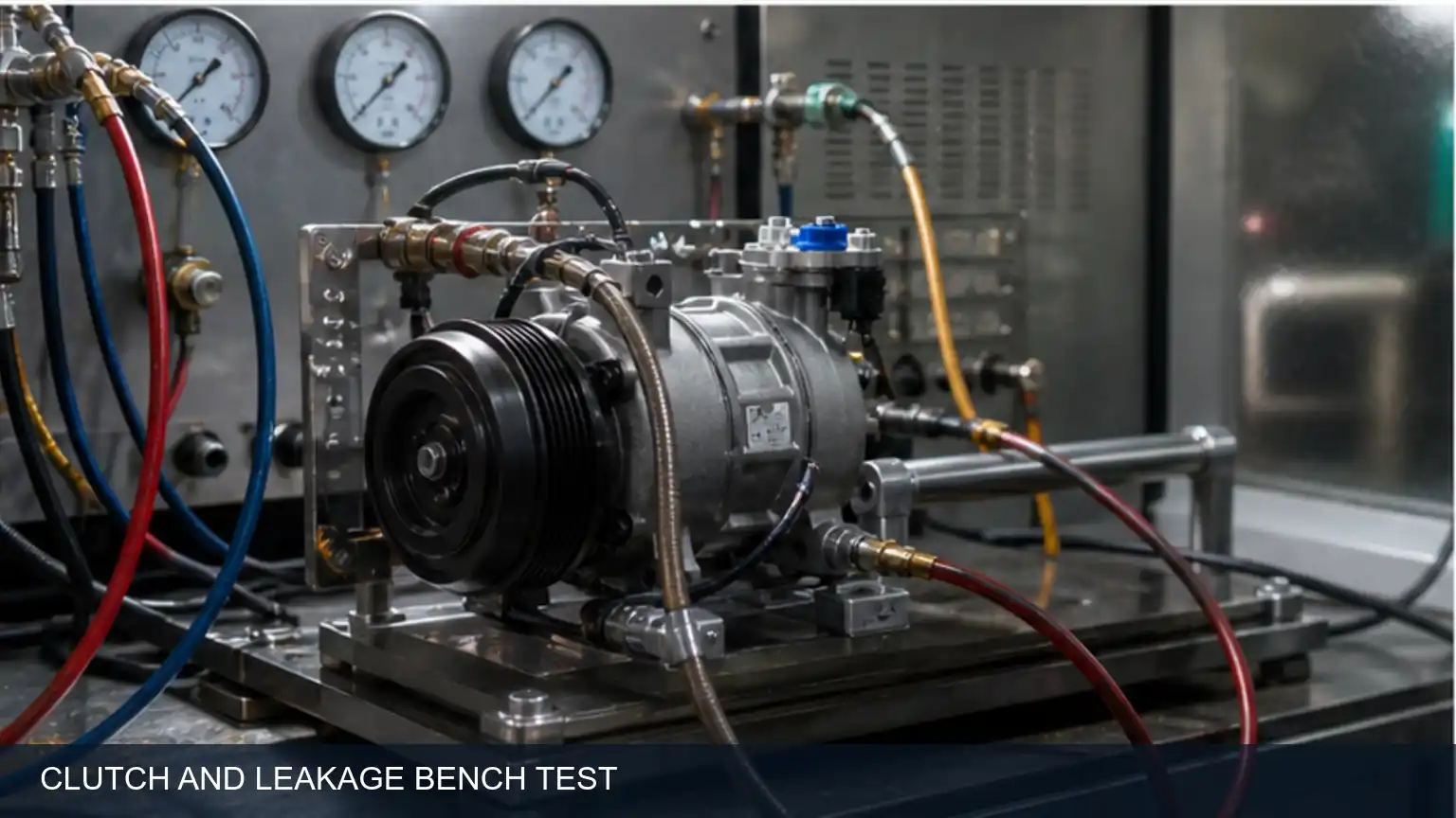 Heavy-duty A/C compressor clutch engagement and refrigerant leakage bench test