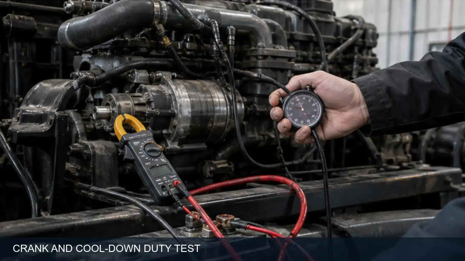Heavy-duty starter crank-and-cooldown duty-cycle test with timed temperature monitoring