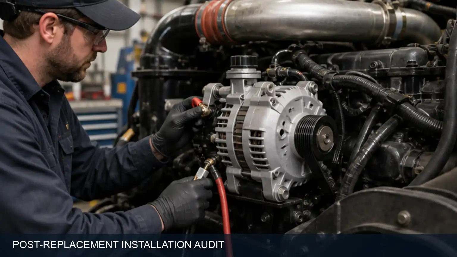 Post-replacement heavy-duty alternator installation audit covering cables, mounts, belt and connectors