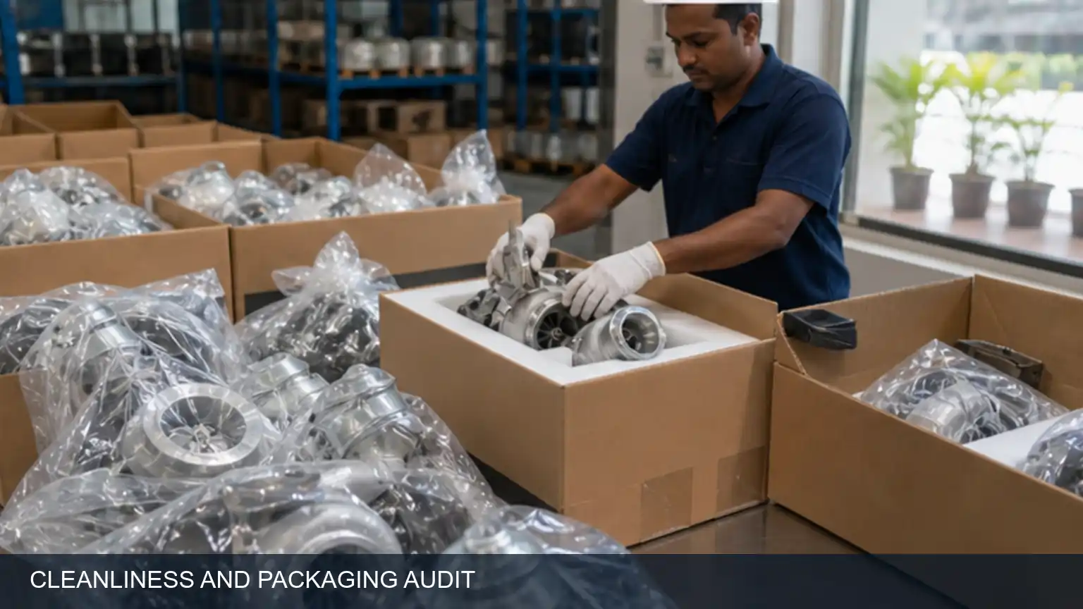 Turbocharger cleanliness and export packaging audit with protected oil, air and exhaust ports