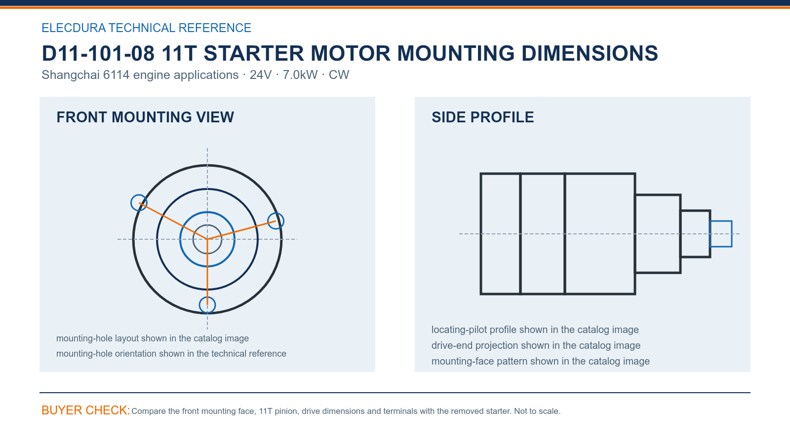 D11-101-08 Shangchai 6114 engine applications 24V 7.0kW 11T starter mounting dimensions