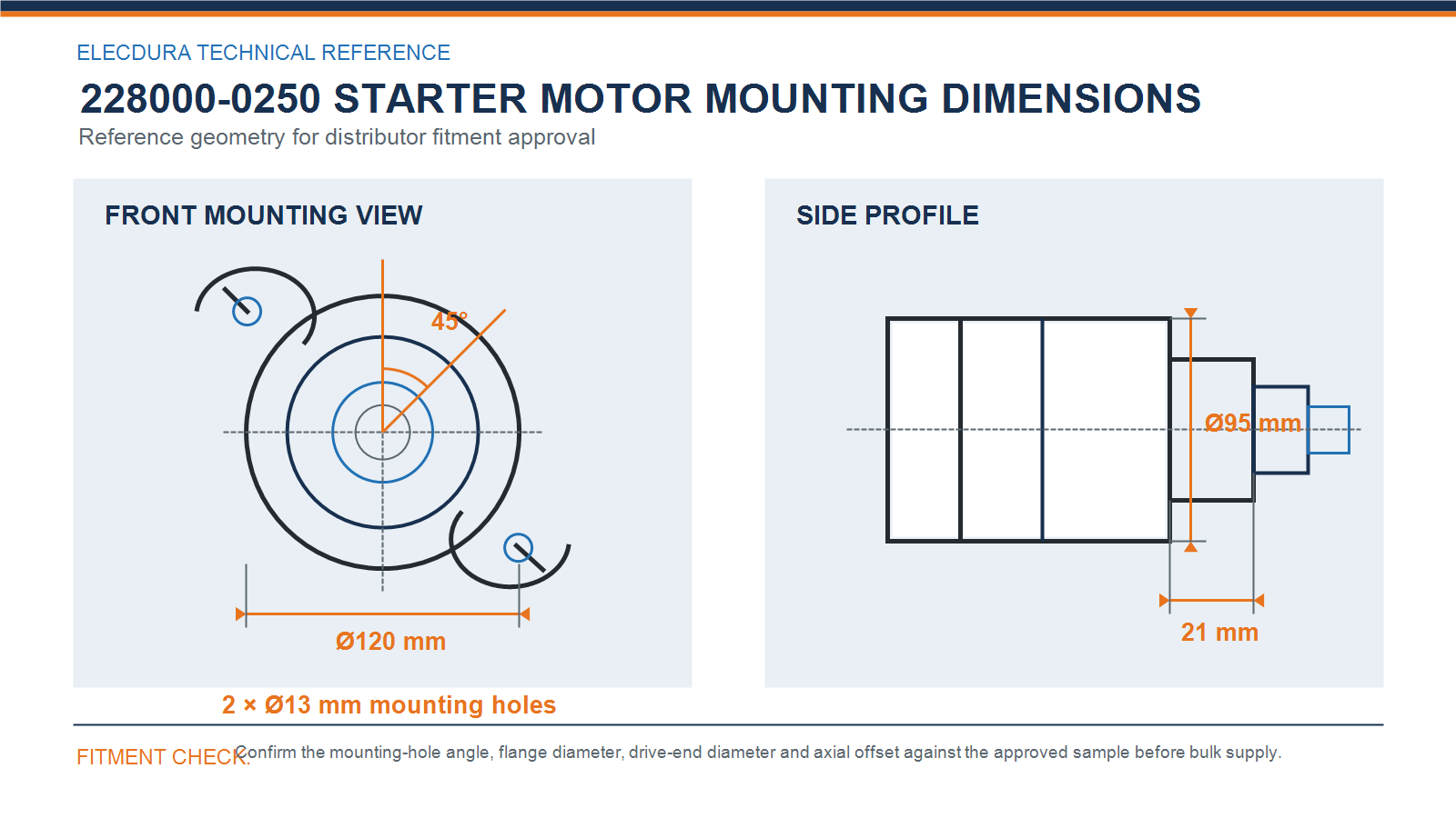228000-0250 starter motor mounting dimensions with 45 degree holes, 120 mm flange, 95 mm drive end and 21 mm offset