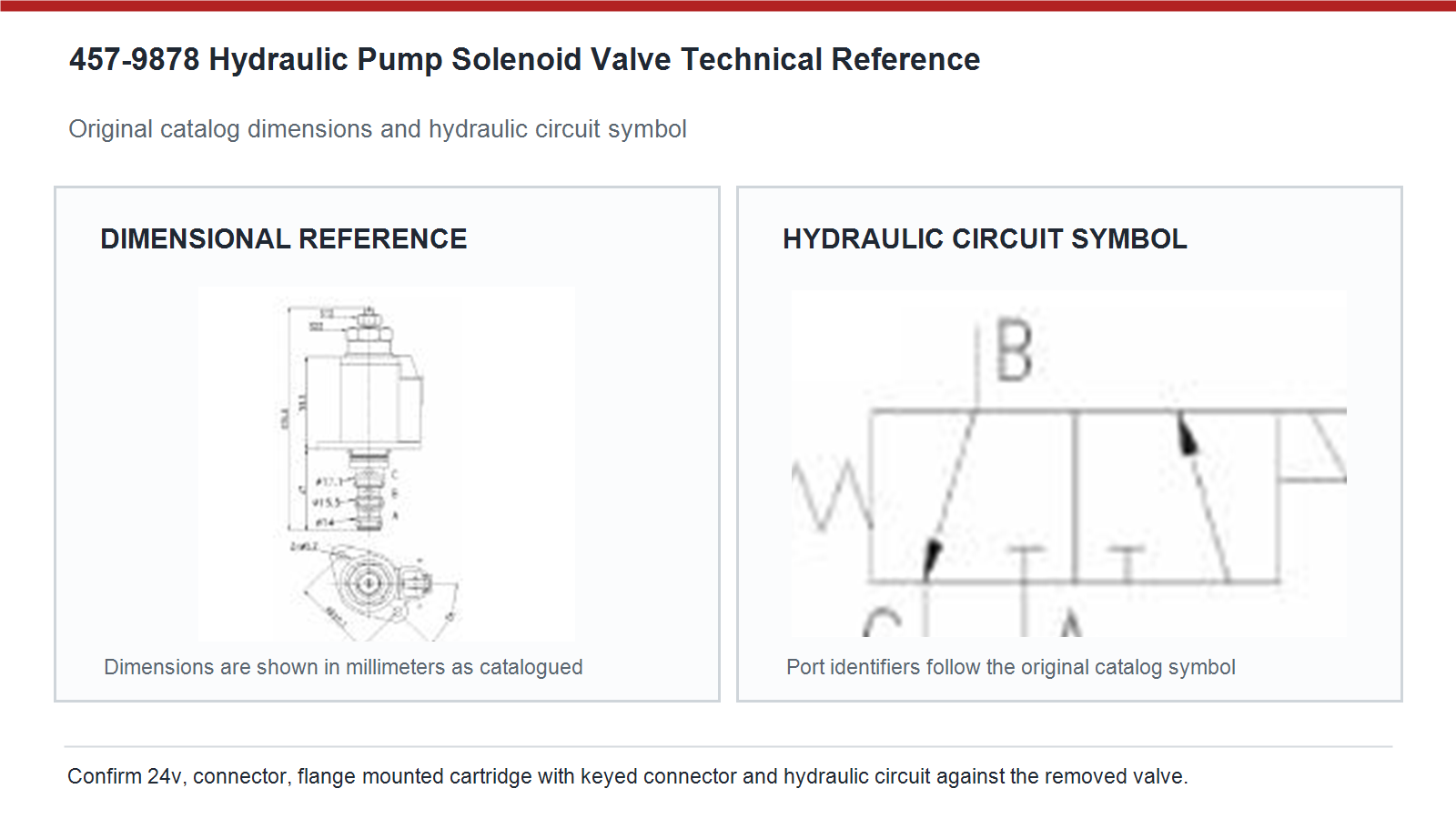 457-9878 Caterpillar hydraulic pump solenoid valve dimensions and hydraulic circuit diagram