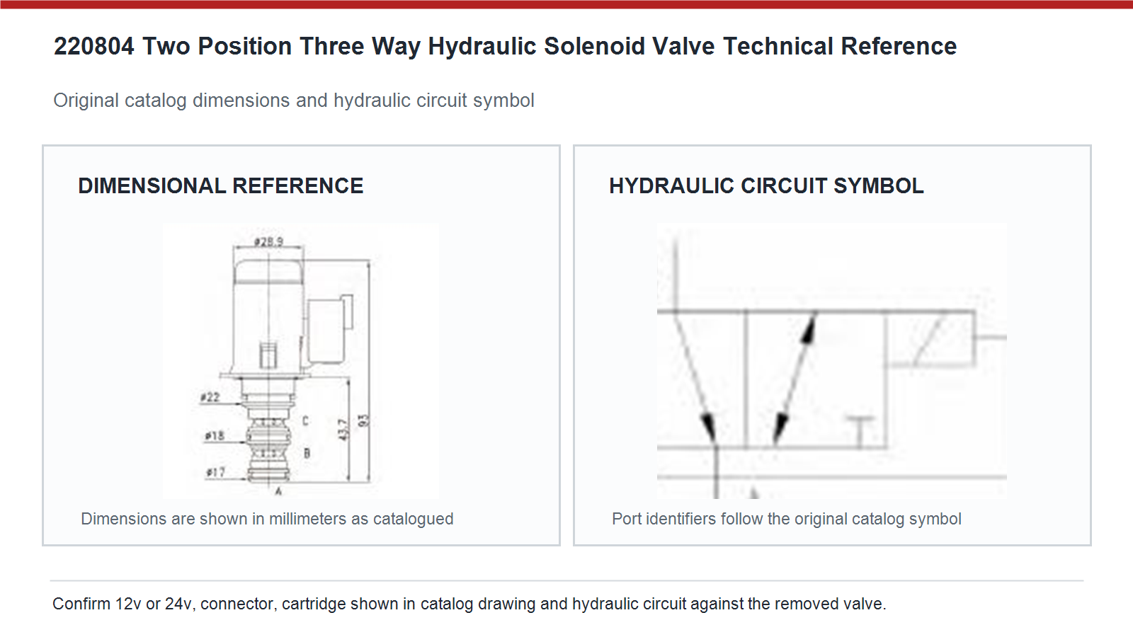 220804 Deutz two position three way hydraulic solenoid valve dimensions and hydraulic circuit diagram