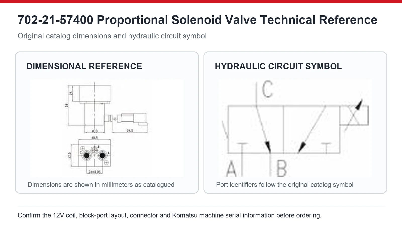 702-21-57400 Komatsu hydraulic solenoid valve dimensions and circuit diagram