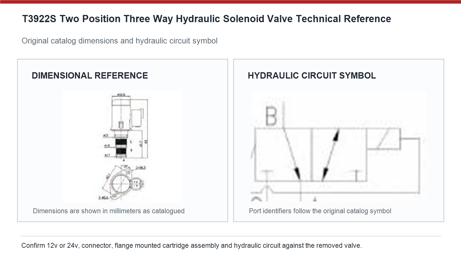 T3922S JCB two position three way hydraulic solenoid valve dimensions and hydraulic circuit diagram