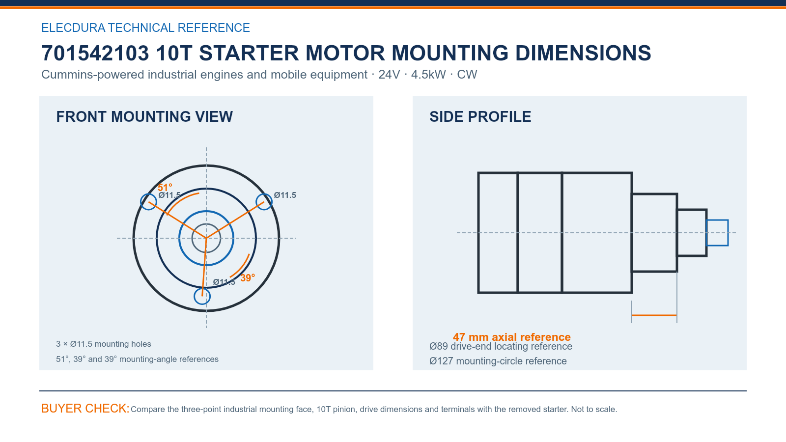 701542103 Cummins 24V 4.5kW 10T starter mounting dimensions