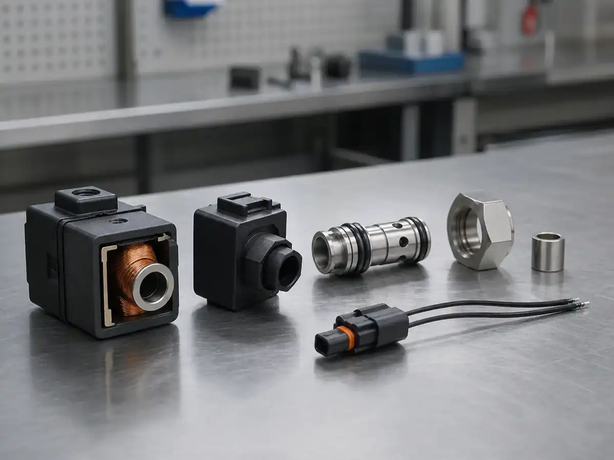 Replacement solenoid coil, connector, valve sleeve, and retaining components arranged for inspection