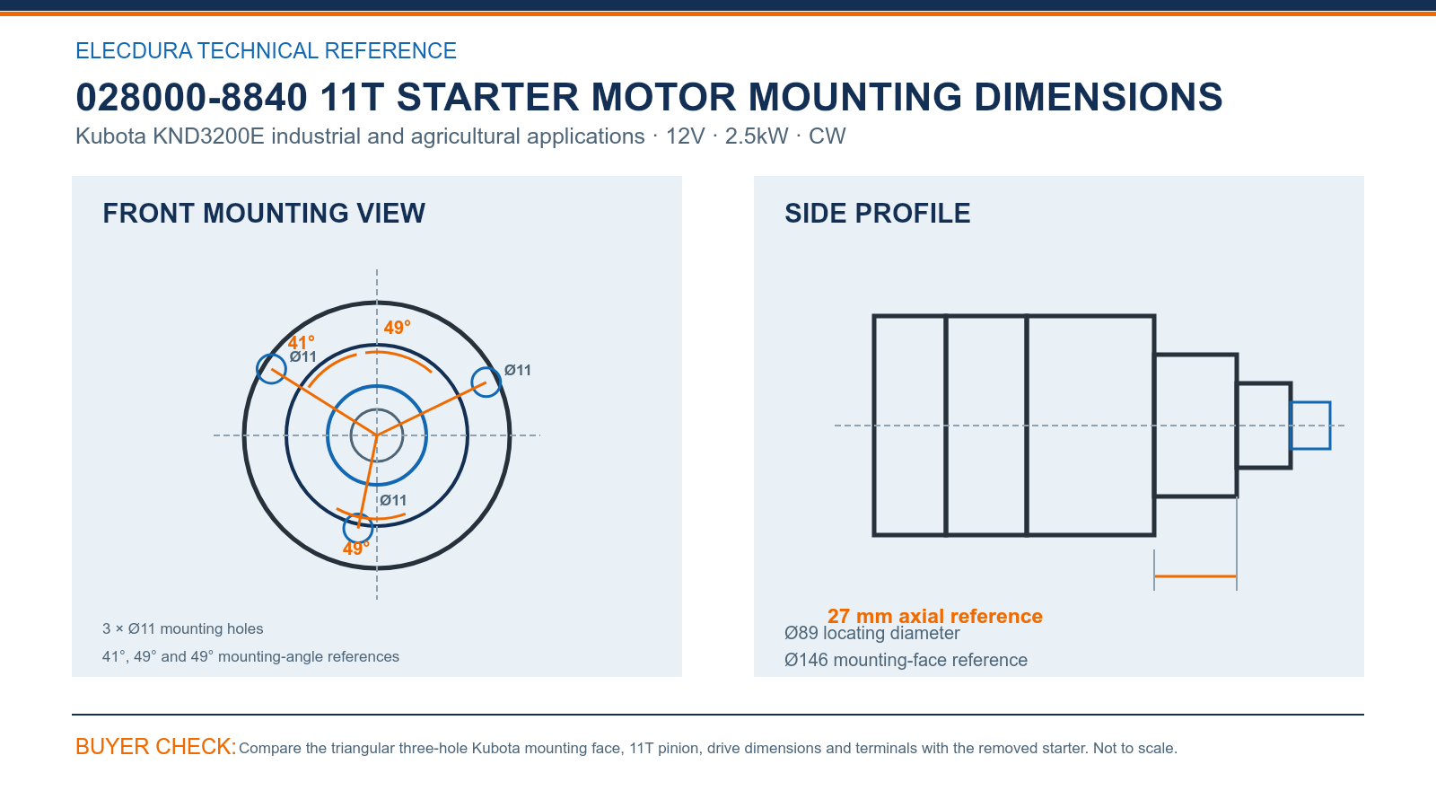 028000-8840 Kubota KND3200E 11T starter mounting dimensions