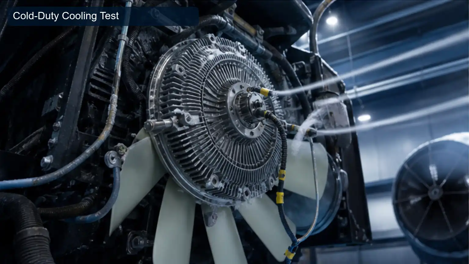 Cold-Duty Cooling Test for Top 20 Heavy-Duty Fan Clutch Manufacturers in Canada, shown as a photorealistic heavy-duty technical inspection view