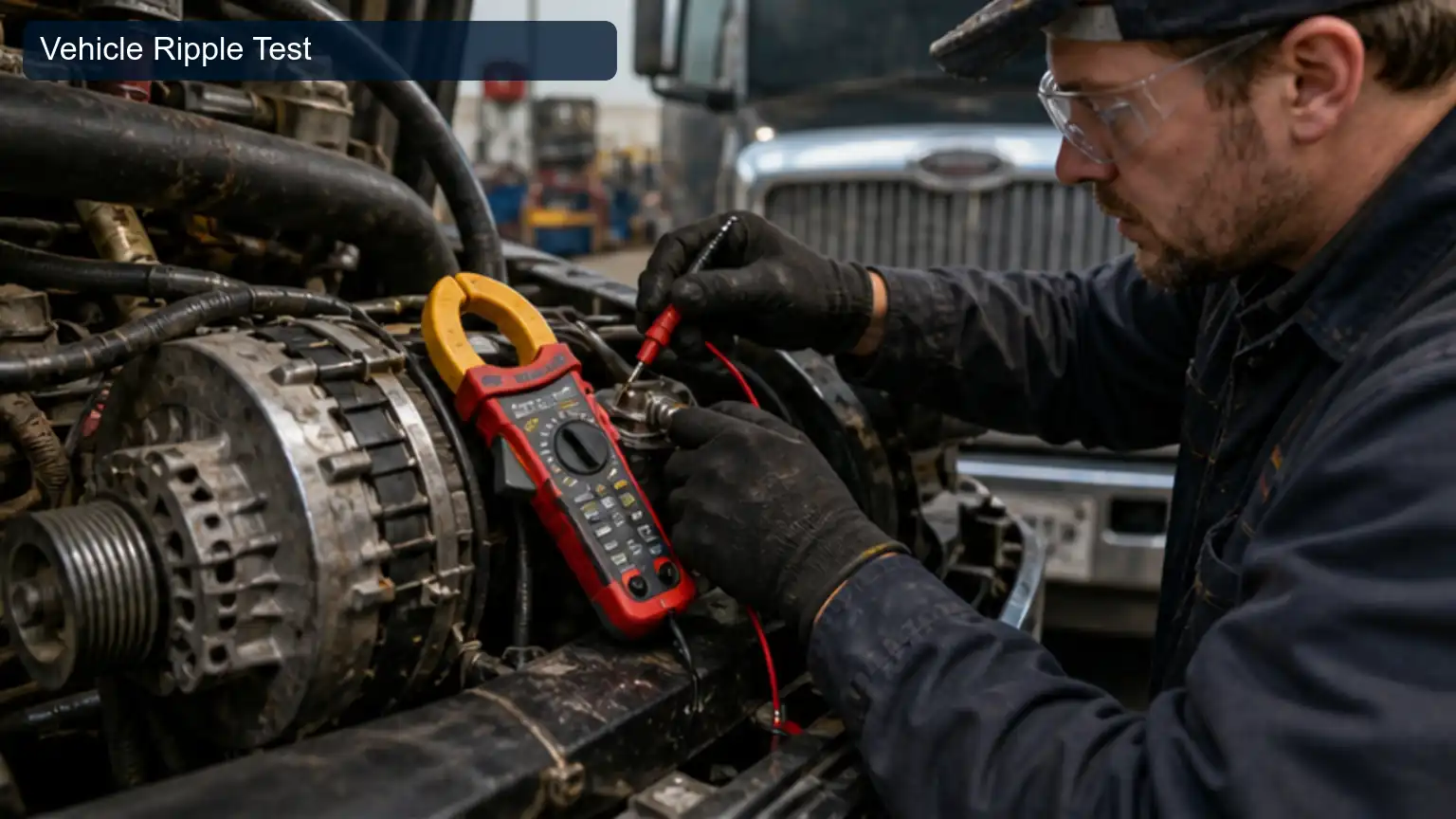 Vehicle Ripple Test for Heavy-Duty Alternator Diode Ripple: Waveform and Phase-Fault Diagnosis, shown as a photorealistic heavy-duty technical inspection view