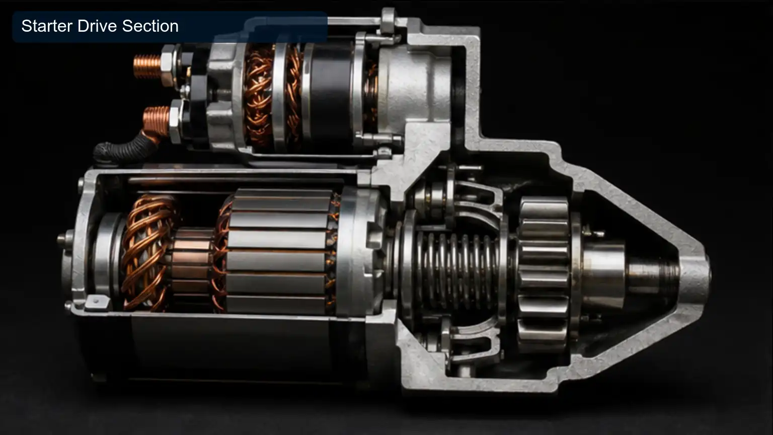 Starter Drive Section for Heavy-Duty Starter Pinion and Ring-Gear Engagement Inspection, shown as a photorealistic heavy-duty technical inspection view
