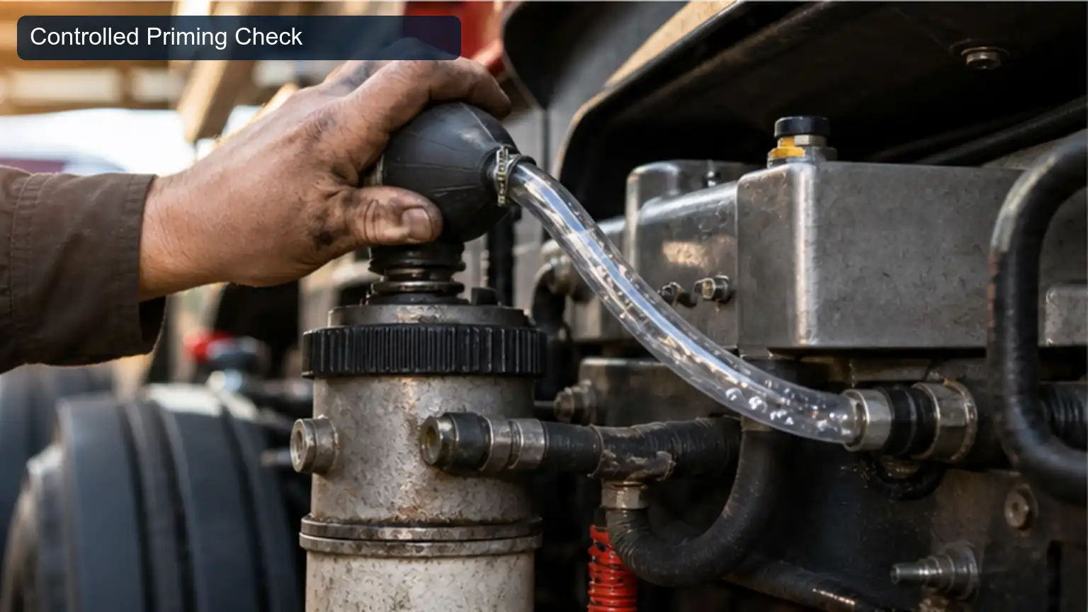 Controlled Priming Check for Heavy-Duty Fuel Filter Restriction and Priming-System Diagnosis, shown as a photorealistic heavy-duty technical inspection view