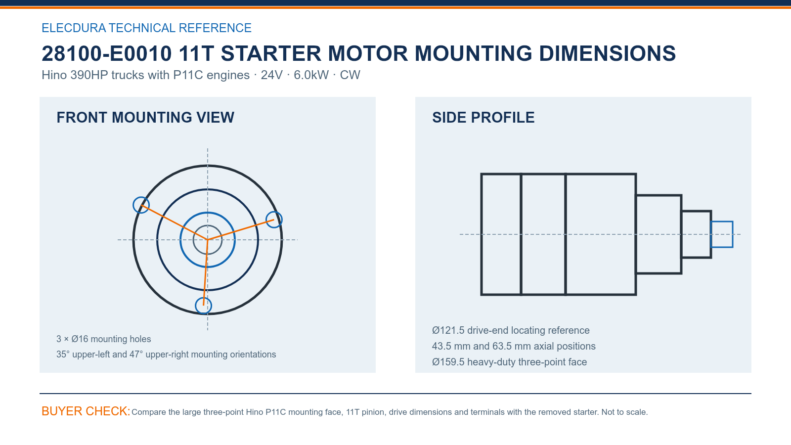 28100-E0010 Hino P11C 24V 6.0kW 11T starter mounting dimensions