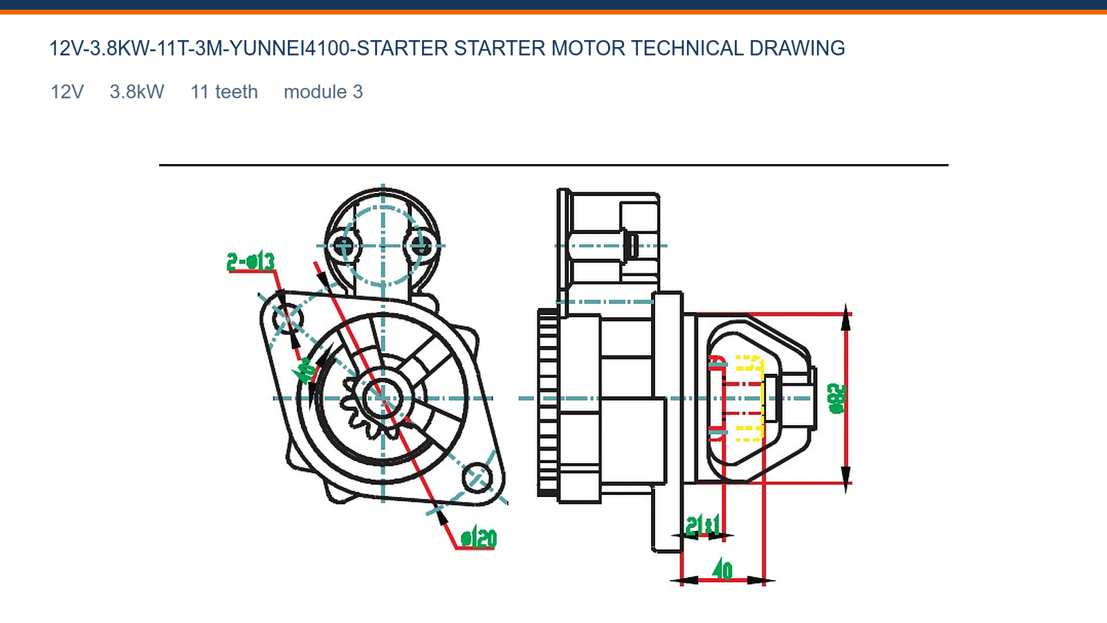 YUNNEI 4100 12V 3,8kW 11T Dessin technique du d&eacute;marreur Yunnei 12V 3,8kW 11T