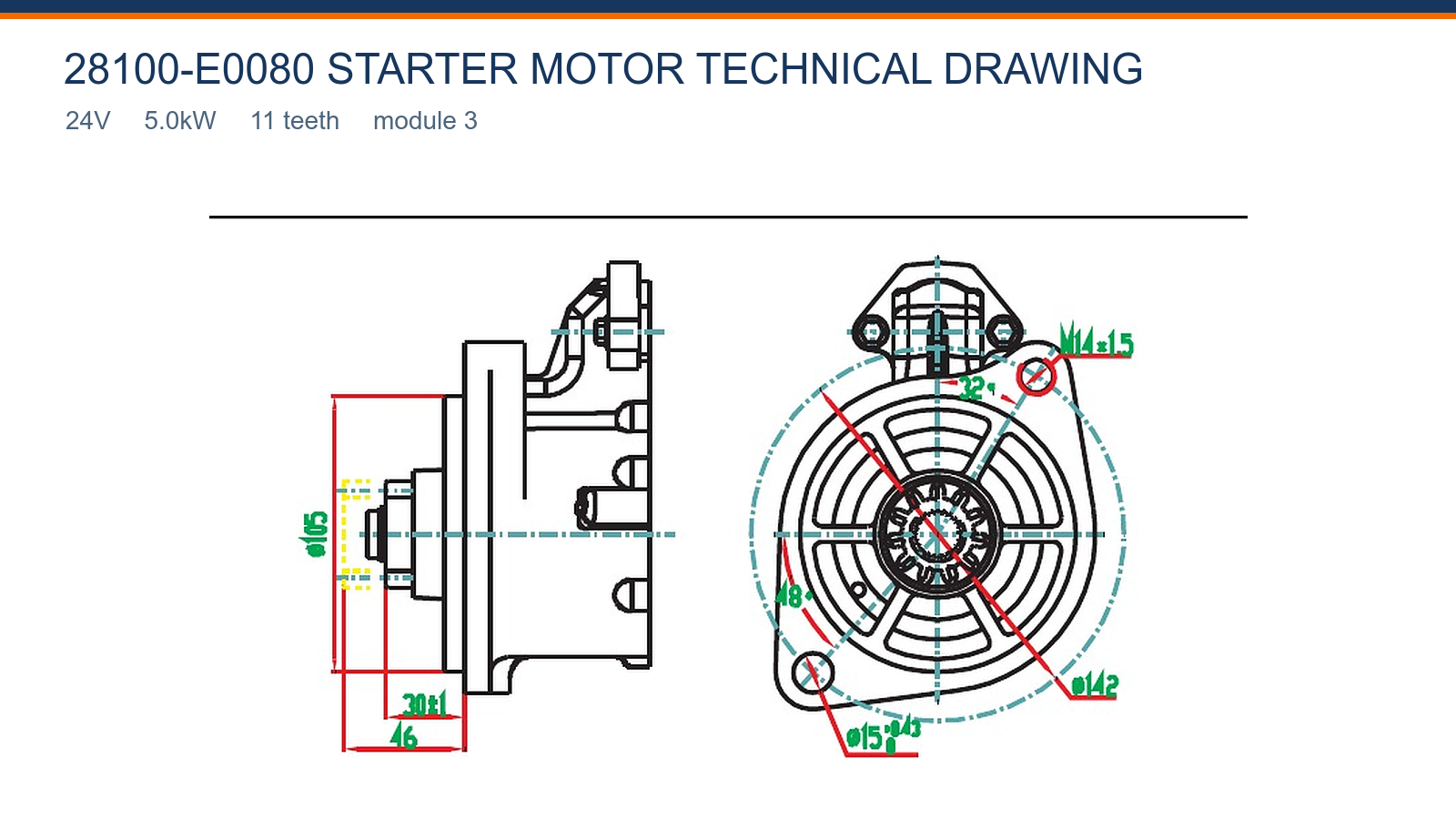 28100-E0080 Hino starter motor technical drawing 24V 5.0kW 11T