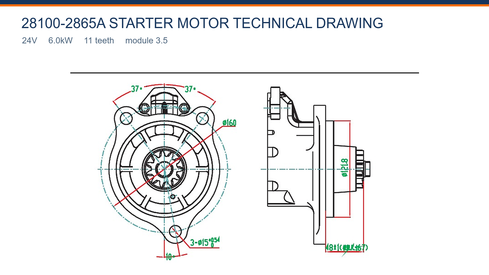 28100-2865A Hino starter motor technical drawing 24V 6.0kW 11T