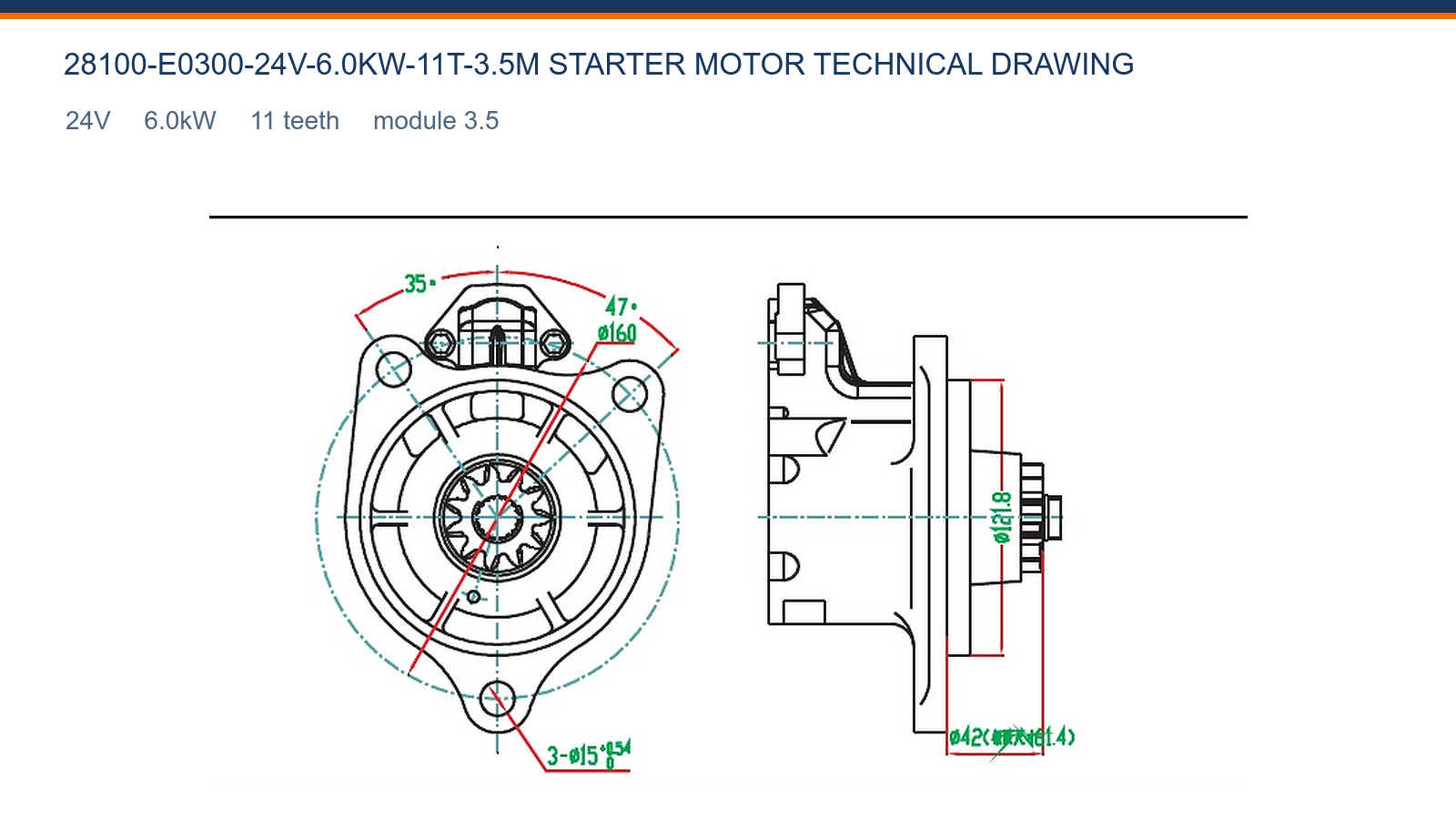 28100-E0300-24V-6.0KW-11T-3.5M Hino starter motor technical drawing 24V 6.0kW 11T